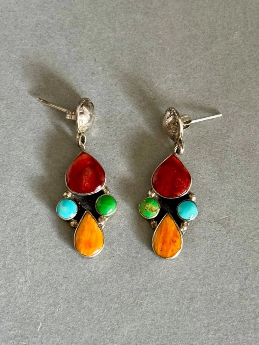 VINTAGE NAVAJO STERLING SILVER CORAL TURQUOISE SPINY OYSTER EARRINGS SIGNED EB (1 of 1)