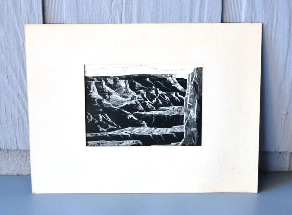 VINTAGE SCRATCH ART DRAWING - GRAND CANYON ARIZONA LANDSCAPE - CARITHERS - 1962: VINTAGE SCRATCH ART DRAWING - GRAND CANYON ARIZONA LANDSCAPE - CARITHERS - 1962 Item Description: This is a unique vintage scratch art drawing in black and white of the Grand Canyon. It measures 7" x 