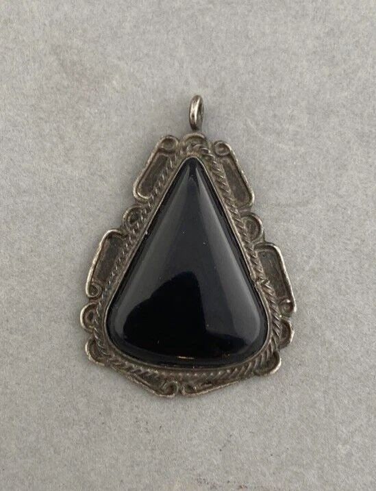 OLD PAWN NAVAJO STERLING SILVER ONYX PENDANT - TEAR DROP - 1.5" TALL (1 of 1)
