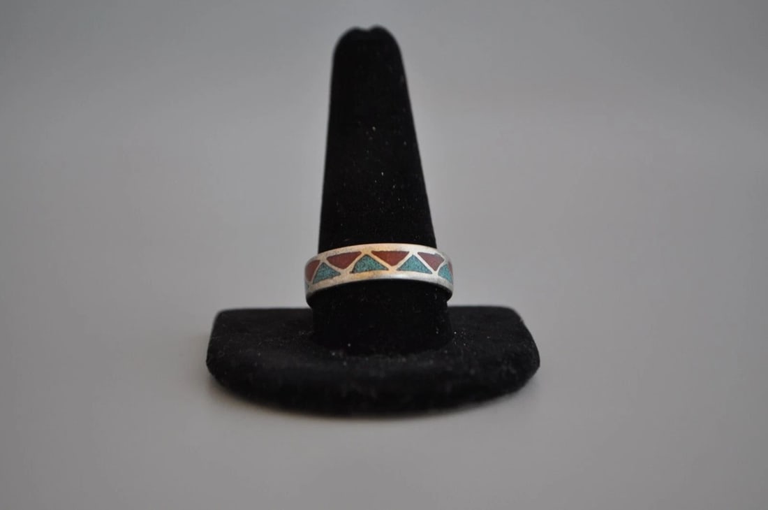 OLD PAWN NAVAJO STERLING SILVER RING - TURQUOISE, CORAL SIZE 12 1/2: OLD PAWN NAVAJO STERLING SILVER RING - TURQUOISE, CORAL SIZE 12 1/2 Weight 4.03 Grams 1/4" Tall Old Pawn Jewelry dates from the early 1900s to the 1970s. Most of it is not signed because it wasn't the