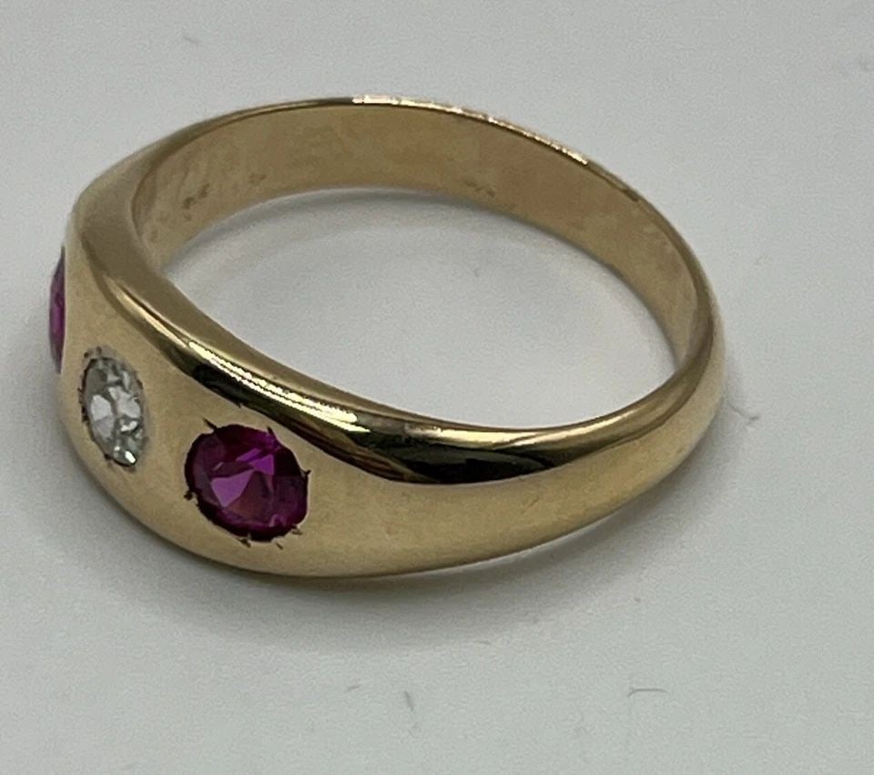 YELLOW GOLD ANTIQUE 12.6 KT WITH MANMADE RUBIES & DIAMOND MEN'S RING SIZE 11.5: YELLOW GOLD ANTIQUE 12.6 KT WITH MANMADE RUBIES & DIAMOND MEN'S RING SIZE 11.5 YELLOW GOLD ANTIQUE 12.6 KT WITH MANMADE RUBIES & DIAMOND MEN'S RING SIZE 11.5 This antique men's ring is crafted from 12
