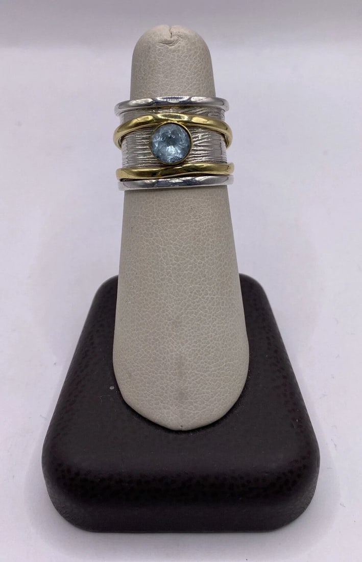 STERLING SILVER & BRASS INDIA BLUE TOPAZ FASHION STATEMENT RING SIZE 6.5 (1 of 2)