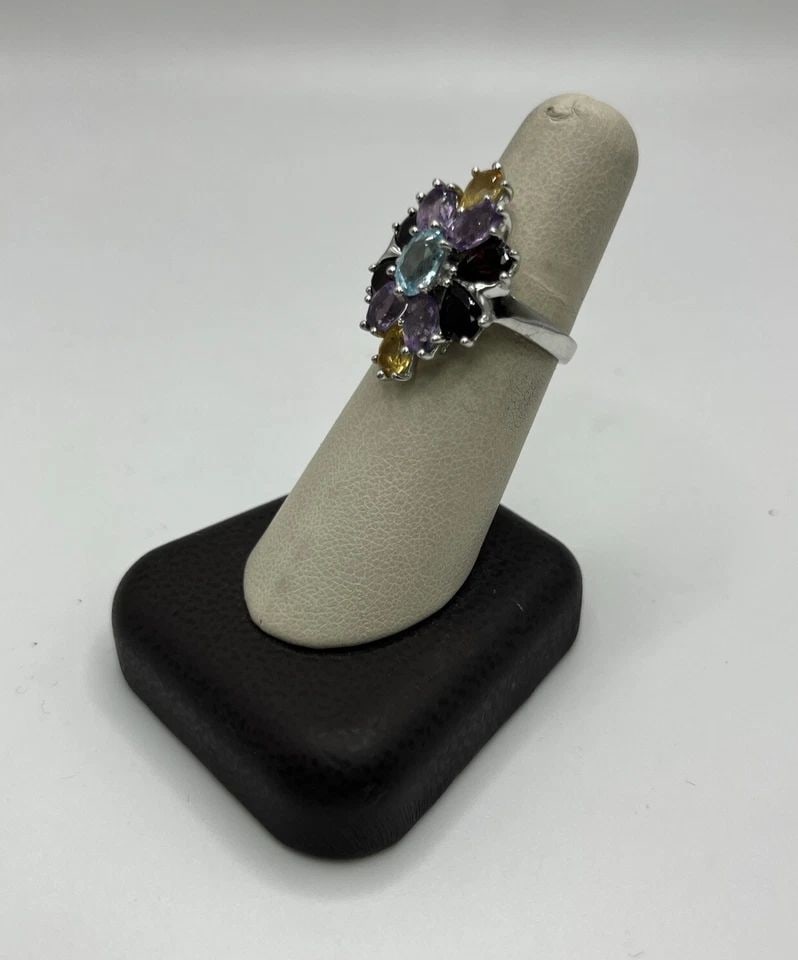 STERLING SILVER MIXED GEMSTONE CLUSTER STATEMENT RING SIZE 7 - 2