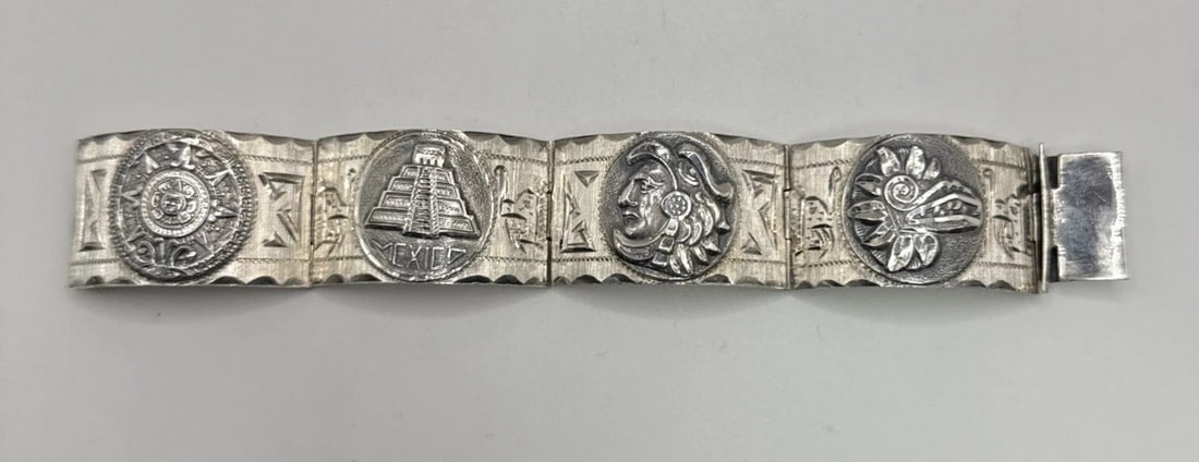 STERLING SILVER MEXICAN PANEL BRACELET 45.4 GRAMS: STERLING SILVER MEXICAN PANEL BRACELET 45.4 GRAMS This Sterling Silver Mexican Panel Bracelet weighs 45.4 grams and features a panel style design. Made from high-quality 925 sterling silver, this brac