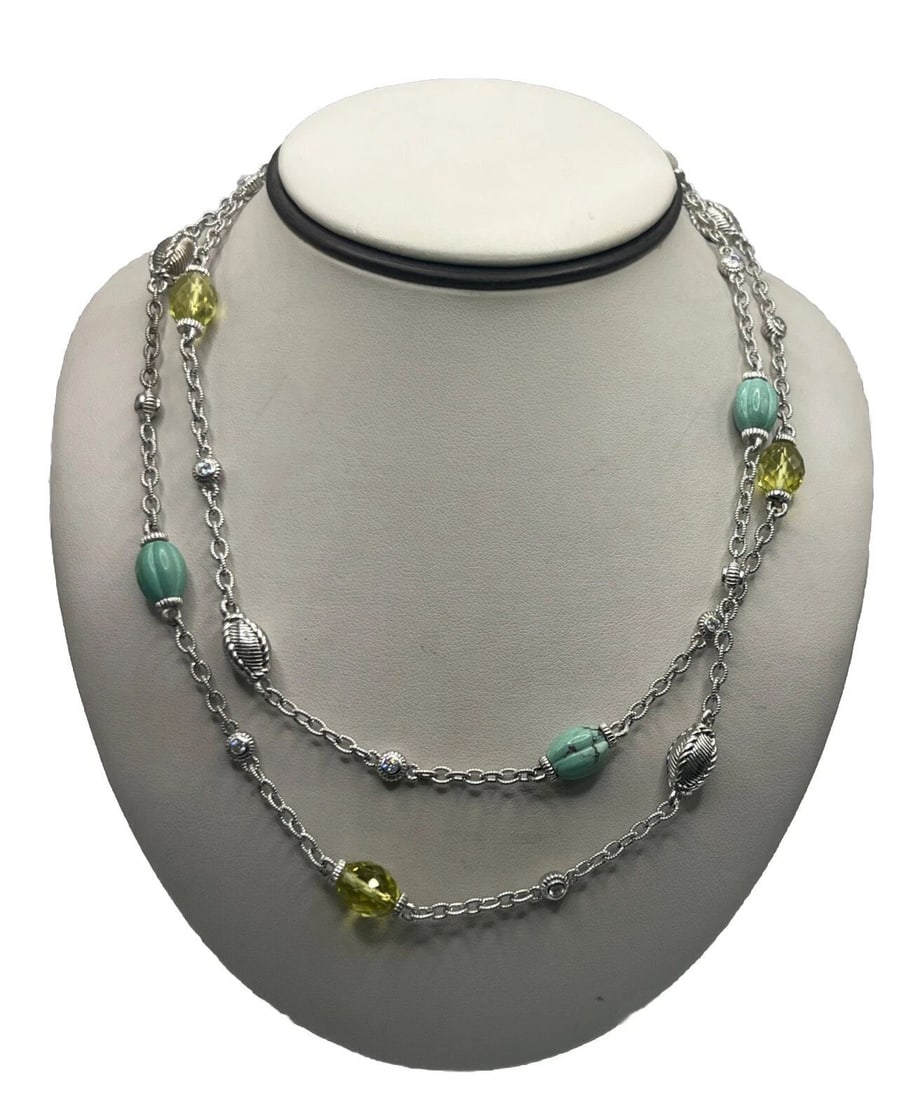 JUDITH RIPKA STERLING SILVER GREEN TURQUOISE & LEMON QUARTZ STATION NECKLACE 36": JUDITH RIPKA STERLING SILVER GREEN TURQUOISE & LEMON QUARTZ STATION NECKLACE 36" JUDITH RIPKA STERLING SILVER GREEN TURQUOISE & LEMON QUARTZ STATION NECKLACE 36" This is a Judith Ripka necklace made o