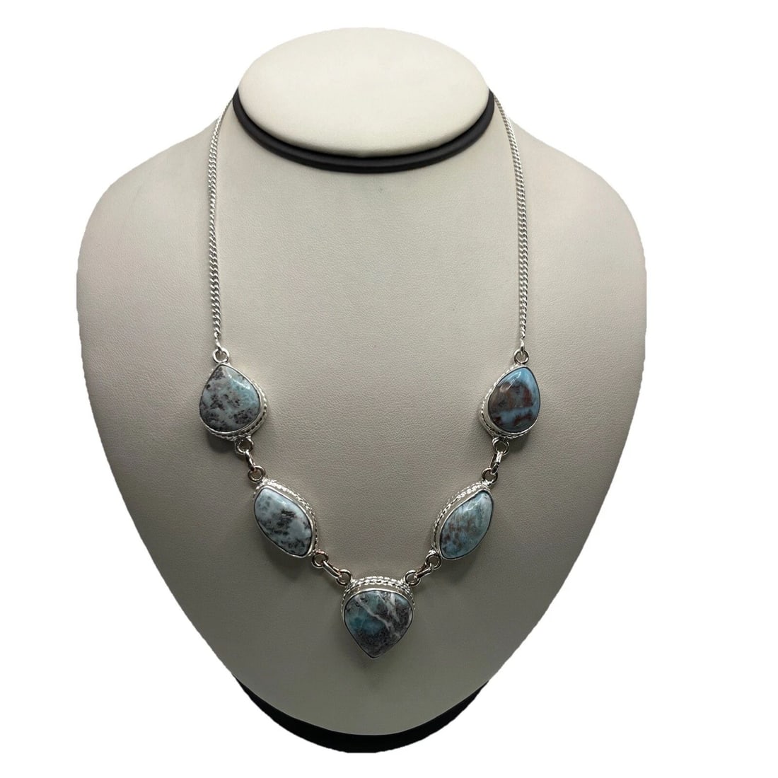 20" ADJUSTABLE MULTI COLOR LARIMAR STERLING SILVER NECKLACE: 20" ADJUSTABLE MULTI COLOR LARIMAR STERLING SILVER NECKLACE 20" ADJUSTABLE MULTI COLOR LARIMAR STERLING SILVER NECKLACE Elevate your style with this stunning 20" adjustable necklace. The necklace feat