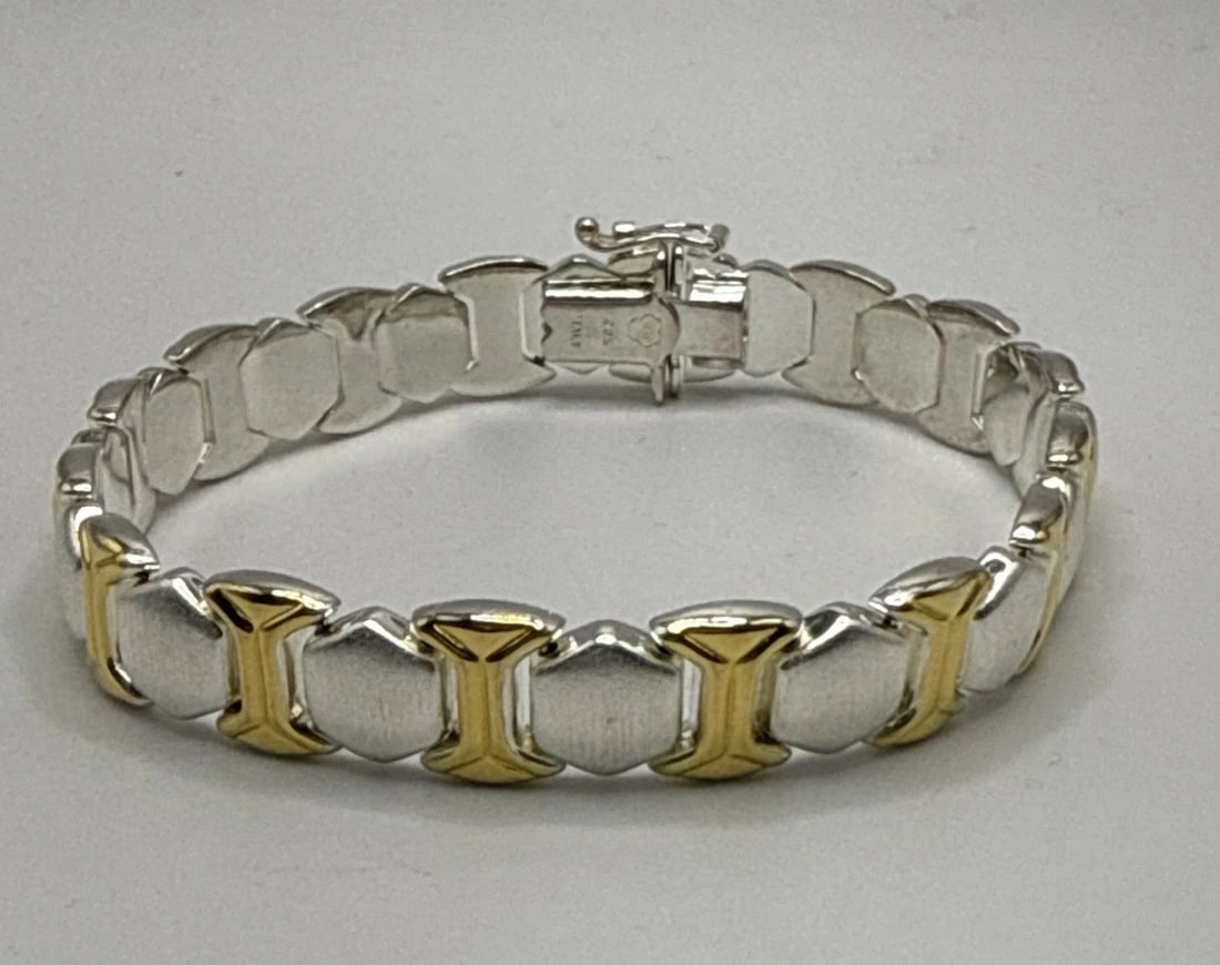 STERLING SILVER TWO TONE FANCY LINK 8" BRACELET 21.4 GRAMS (1 of 1)