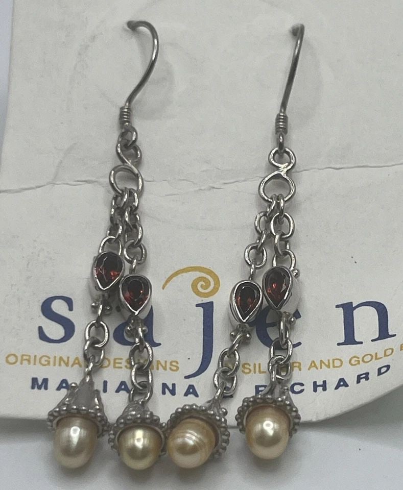 SAJEN STERLING SILVER DROP EARRINGS WITH RED STONES & PEARLS: SAJEN STERLING SILVER DROP EARRINGS WITH RED STONES & PEARLS SAJEN STERLING SILVER DROP EARRINGS WITH RED STONES & PEARLS Elevate your style with these stunning Sajen Sterling Silver Drop Earrings. Th