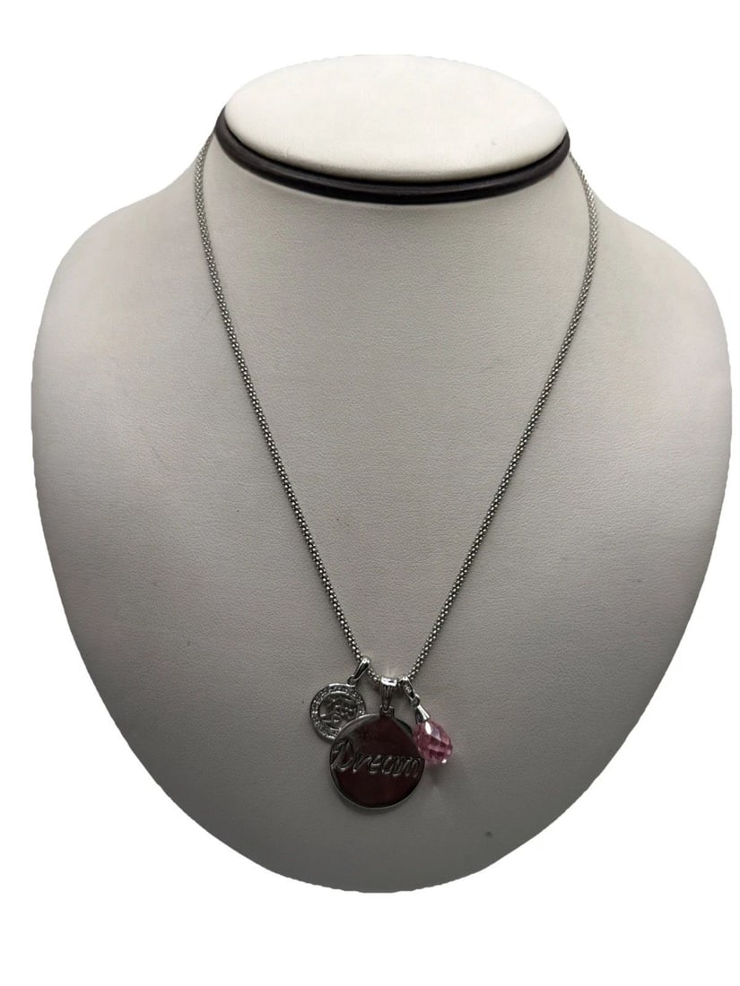 STERLING SILVER 16" CHAIN WITH 3 CHARMS-DREAM, PINK STONE AND CHINESE LETTER: STERLING SILVER 16" CHAIN WITH 3 CHARMS-DREAM, PINK STONE AND CHINESE LETTER This product is a 16" sterling silver chain necklace featuring three charms: one with the word "Dream", one with a pink sto