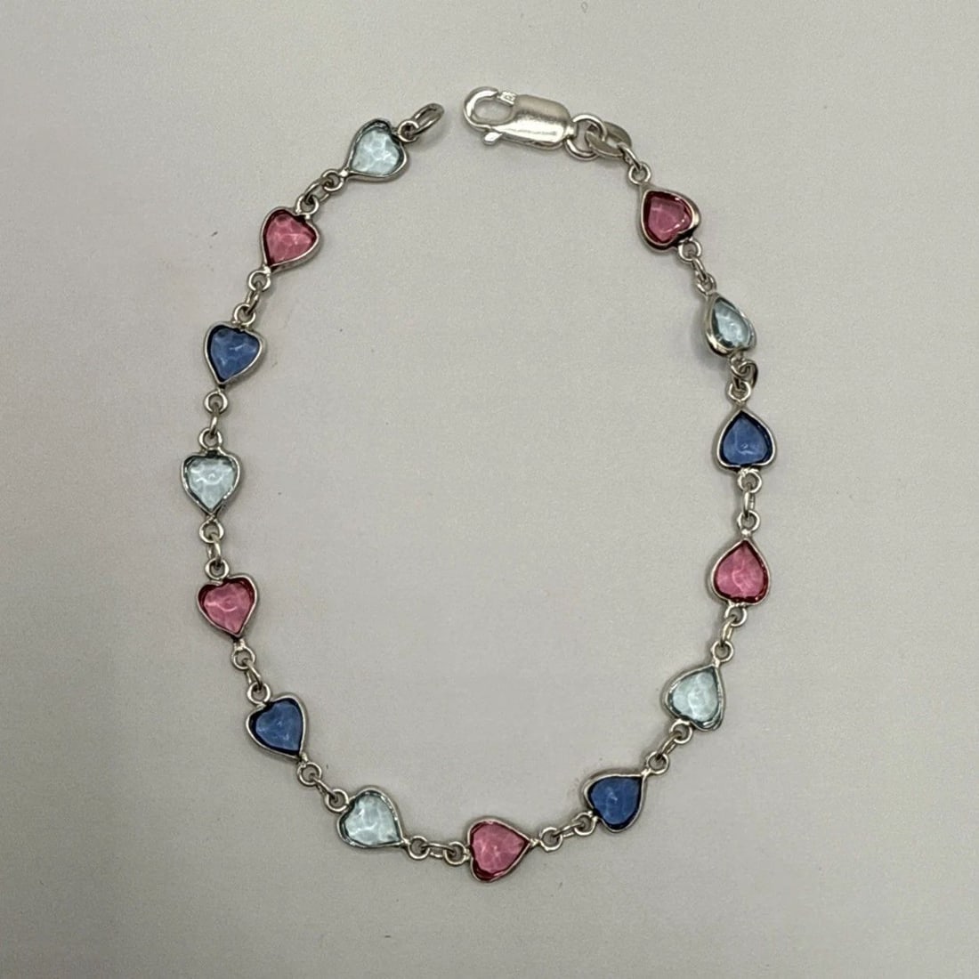 STERLING SILVER & MULTI-COLORED 7.5" HEART STONE BRACELET (1 of 1)