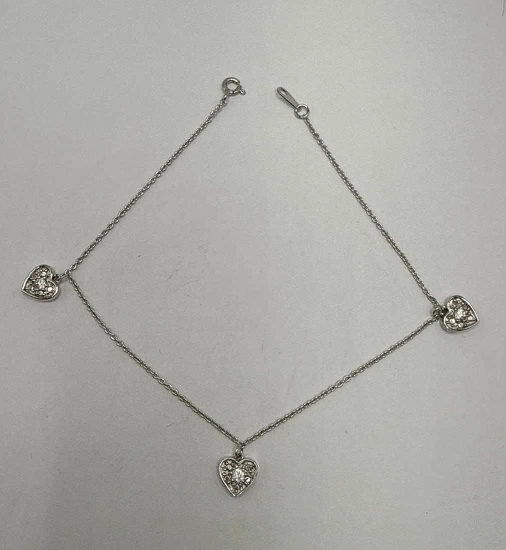 10" STERLING SILVER ANKLET WITH 3 COLORLESS STONE HEARTS (1 of 1)