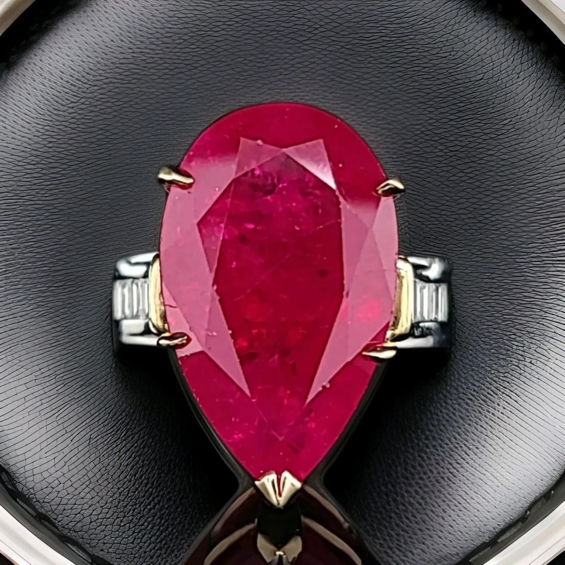 26.15 ct. Vintage Platinum 18k Yellow Gold Engagement Ring Filled Pear Ruby: 26.15 CT. VINTAGE PLATINUM 18K YELLOW GOLD ENGAGEMENT RING NATURAL PEAR RUBY Gorgeous Vintage natural ruby Diamond platinum 18k yellow gold engagement ring center natural treated lead filled ruby weig