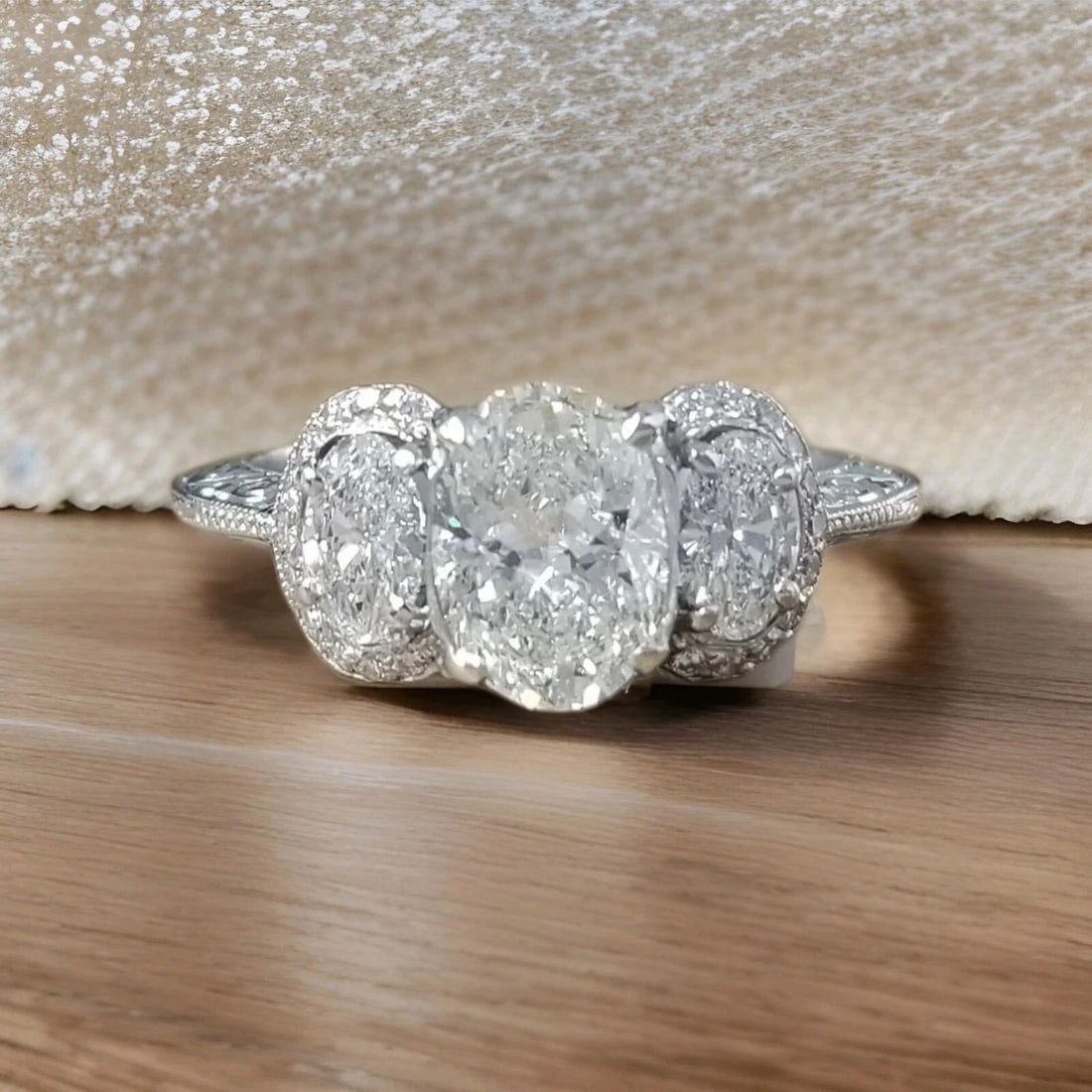 Vintage Platinum Engagement Ring 1.66ct. Natural Oval Diamond Circ 1930's: VINTAGE PLATINUM ENGAGEMENT RING NATURAL OVAL DIAMOND 1.66CT CIRC 1930'S Stunning Vintage platinum three stones engagement ring natural oval cut Diamond ring circ 1930's Art Deco filigree ring is fine