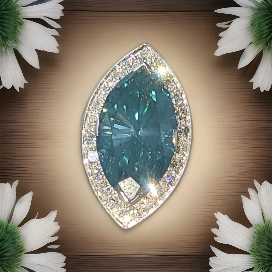 Vintage Platinum Engagement Ring 7.88ct.Natural Teal Blue Marquise Diamond: VINTAGE PLATINUM ENGAGEMENT RING 7.88CT.NATURAL TEAL BLUE MARQUISE DIAMOND This exceptional vintage engagement ring is crafted in luxurious platinum and features a striking marquise-shaped teal blue d