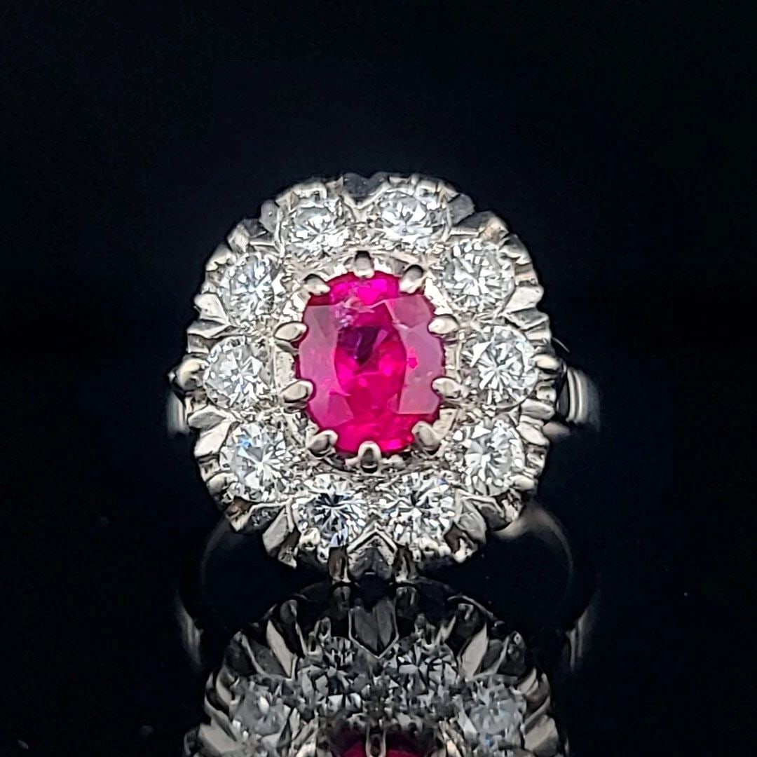 Vintage 18k white gold ring 2.31ct. Natural Burma ruby oval 1920's GIA cert: VINTAGE 18K WHITE GOLD RING 2.31CT. NATURAL BURMA RUBY OVAL 1920'S GIA CERT Magnificent rare circ 1920'S Vintage 18k white gold untreated burma ruby ring , center natural burma ruby in oval shape weig