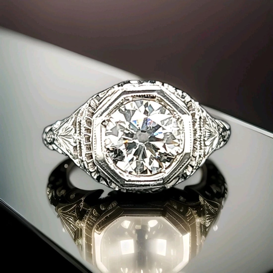 18k white gold Vintage filigree engagement ring 1.57ct. natural euro cut Diamond: 18K WHITE GOLD VINTAGE FILIGREE ENGAGEMENT RING 1.57CT. NATURAL EURO CUT DIAMOND Stunning Vintage Art Deco filigree euro cut round natural Diamond 18k white gold engagement ring circ 1930's center nat