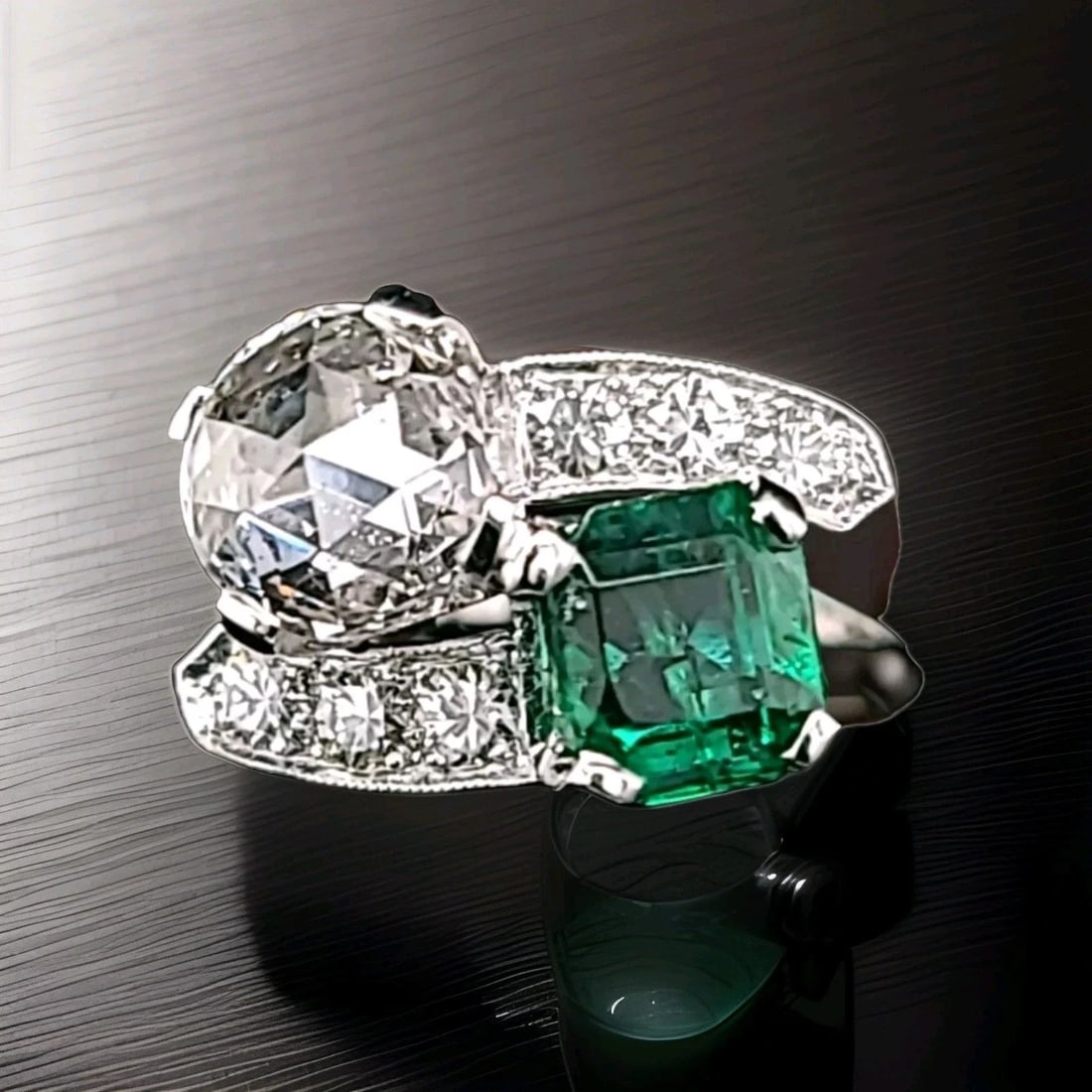 2.16ct. Platinum Vintage Art Deco Natural Emerald Diamond Toi Et Moi Ring GIA: 2.16CT. PLATINUM VINTAGE ART DECO NATURAL EMERALD DIAMOND TOI ET MOI RING Gorgeous Vintage artdeco filigree Diamond & Emerald in Platinum toi et moi ring circ 1920's center set natural round rose cut 