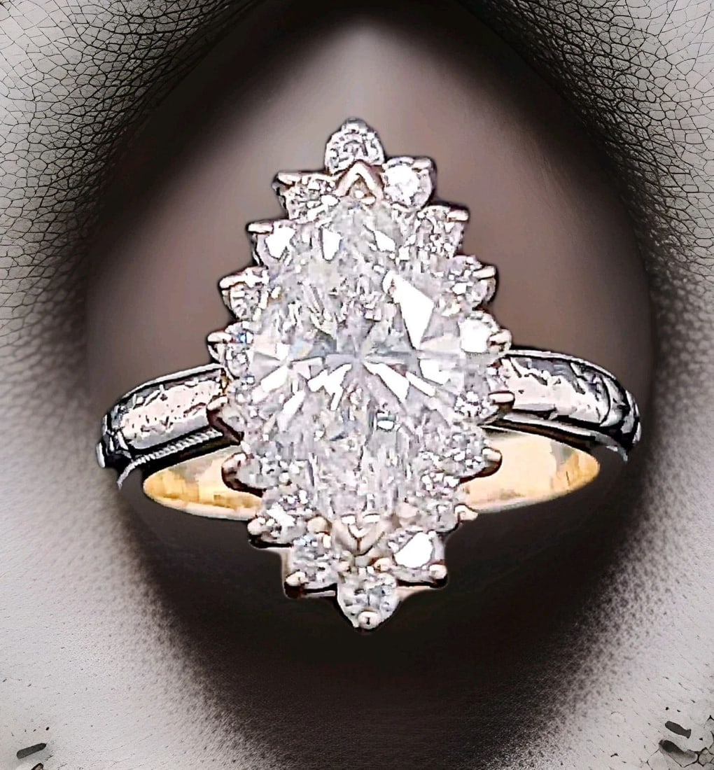 Platinum 18k Vintage Filigree Engagement Ring 2.88ct. Natural Marquise Diamond: PLATINUM 18K VINTAGE FILIGREE ENGAGEMENT RING 2.88CT. NATURAL MARQUISE DIAMOND This Platinum 18k Vintage Filigree Engagement Ring features a stunning 2.88ct. Natural Marquise Diamond as the main stone