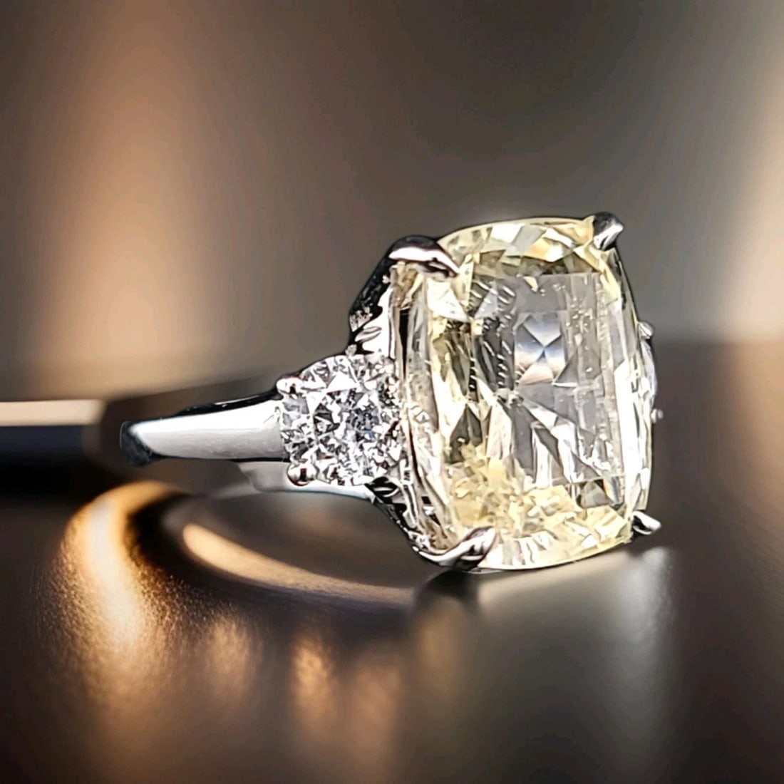 14k white gold engagement ring 9.88ct.Natural yellow cushion sapphire GIA Cert: 14K WHITE GOLD ENGAGEMENT RING 9.88CT.NATURAL YELLOW CUSHION SAPPHIRE GIA CERT Here is an outstanding natural yellow sapphire engagement ring, the beautiful three-stone yellow sapphire design gives th
