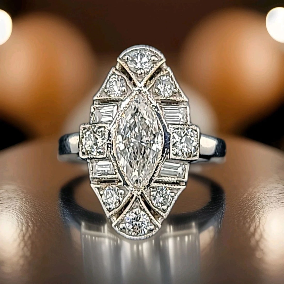 Vintage 14k White Gold Engagement ring 2.72ct. natural marquise Diamond VS1-H: VINTAGE 14K WHITE GOLD ENGAGEMENT RING 2.72CT. NATURAL MARQUISE DIAMOND VS1-H Gorgeous Vintage marquise Diamond in 14k white gold ring, center marquise cut natural diamond weight 1.04ct VS1-H side set