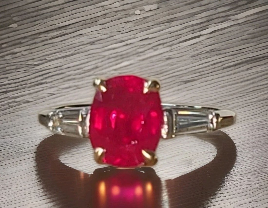 2.78ct.Natural Burma Oval Ruby Platinum 14k Gold Engagement Vintage ring GIA: 2.78CT.NATURAL BURMA OVAL RUBY PLATINUM 14K GOLD ENGAGEMENT VINTAGE RING GIA A breathtaking engagement ring crafted in platinum and 14K yellow gold, featuring a captivating natural heated Burmese ruby