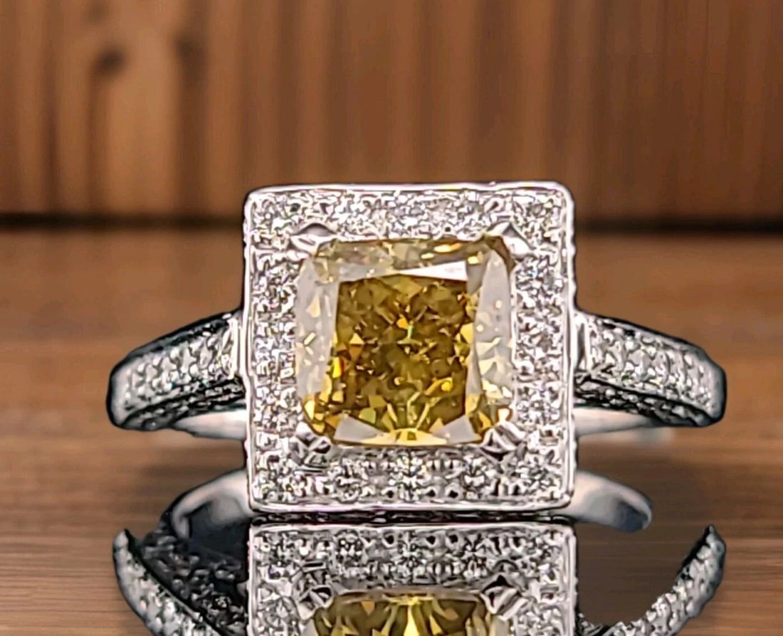 14k White Gold Engagement Ring 2.01ct. Natural Deep Yellow Cushion Shape GIA (1 of 2)