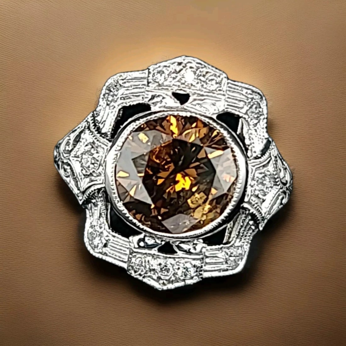 Platinum Art Deco Filigree Ring 3.22ct. Natural Champagne Diamond circ 1930's: 3.22CT. PLATINUM ART DECO FILIGREE RING NATURAL CHAMPAGNE DIAMOND CIRC 1930'S Gorgeous art deco filigree Platinum ring center natural round champagne Diamond weight 3.22ct.SIZE 9.4mm I1 clarity , very