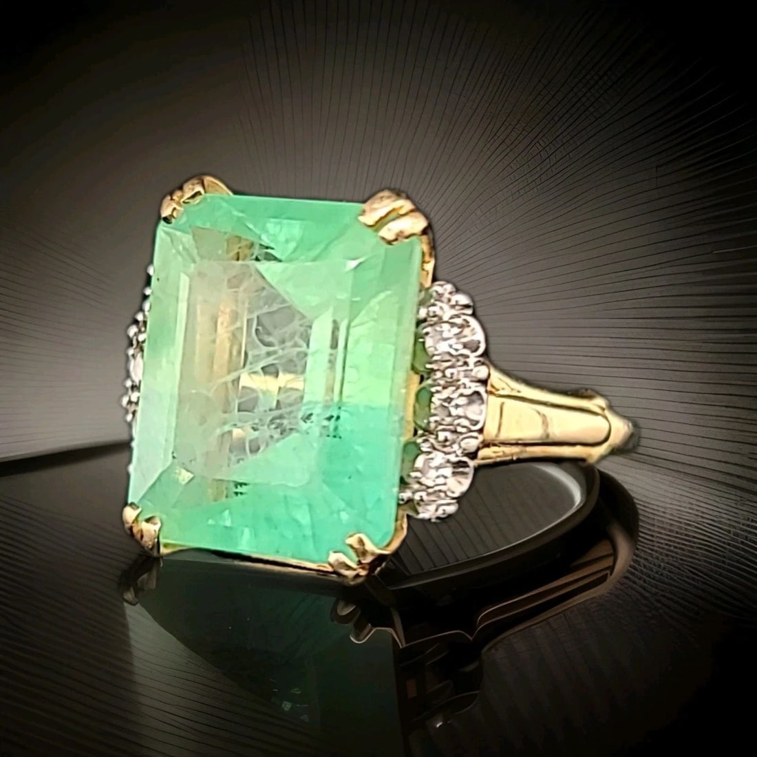 Vintage 14k Yellow Gold Engagement 16.95CT. Natural Green Colombia Emerald: VINTAGE 14K YELLOW GOLD ENGAGEMENT 16.95CT. NATURAL GREEN COLOMBIA EMERALD Vintage 14K yellow GOLD ring natural green Colombia emerald in an emerald shape center emerald weight 16.95ct. size 15x13mm v