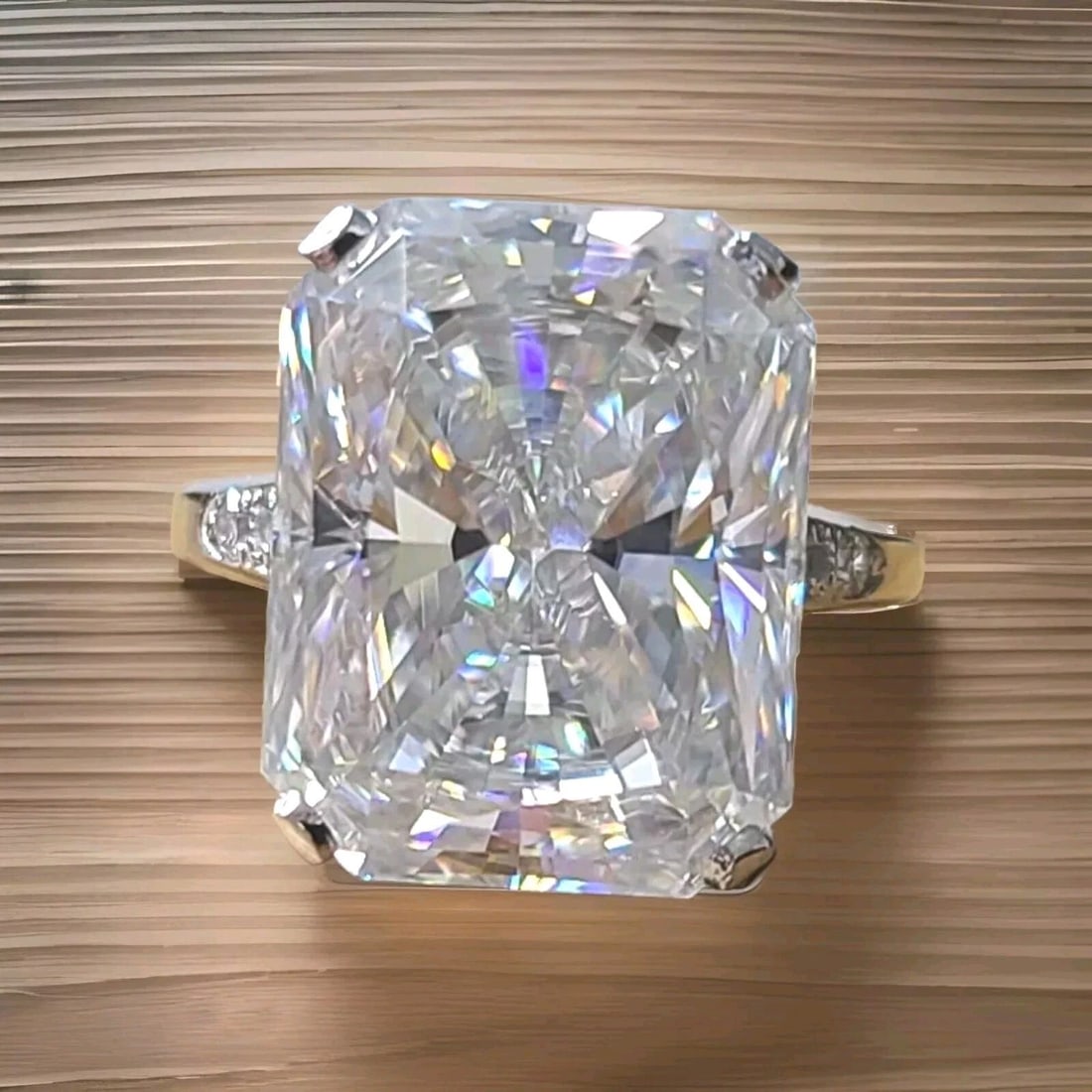 14k White Gold Engagement Ring 17.52ct Lab Grown Simulate Diamond Radiant Shape: 14K WHITE GOLD ENGAGEMENT RING 17.52CT LAB GROWN SIMULATE DIAMOND RADIANT SHAPE This vintage engagement ring is a stunning piece of fine jewelry that will make any occasion special. Crafted from 14k w