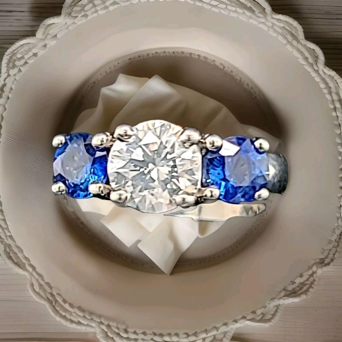 Vintage Platinum Three-Stone Engagement Ring 1.42CT.Natural Round Diamond: VINTAGE PLATINUM THREE-STONE ENGAGEMENT RING 1.42CT.NATURAL ROUND DIAMOND H-SI1 Here is an outstanding platinum sapphire engagement ring, the beautiful three-stone sapphire diamond design gives this r