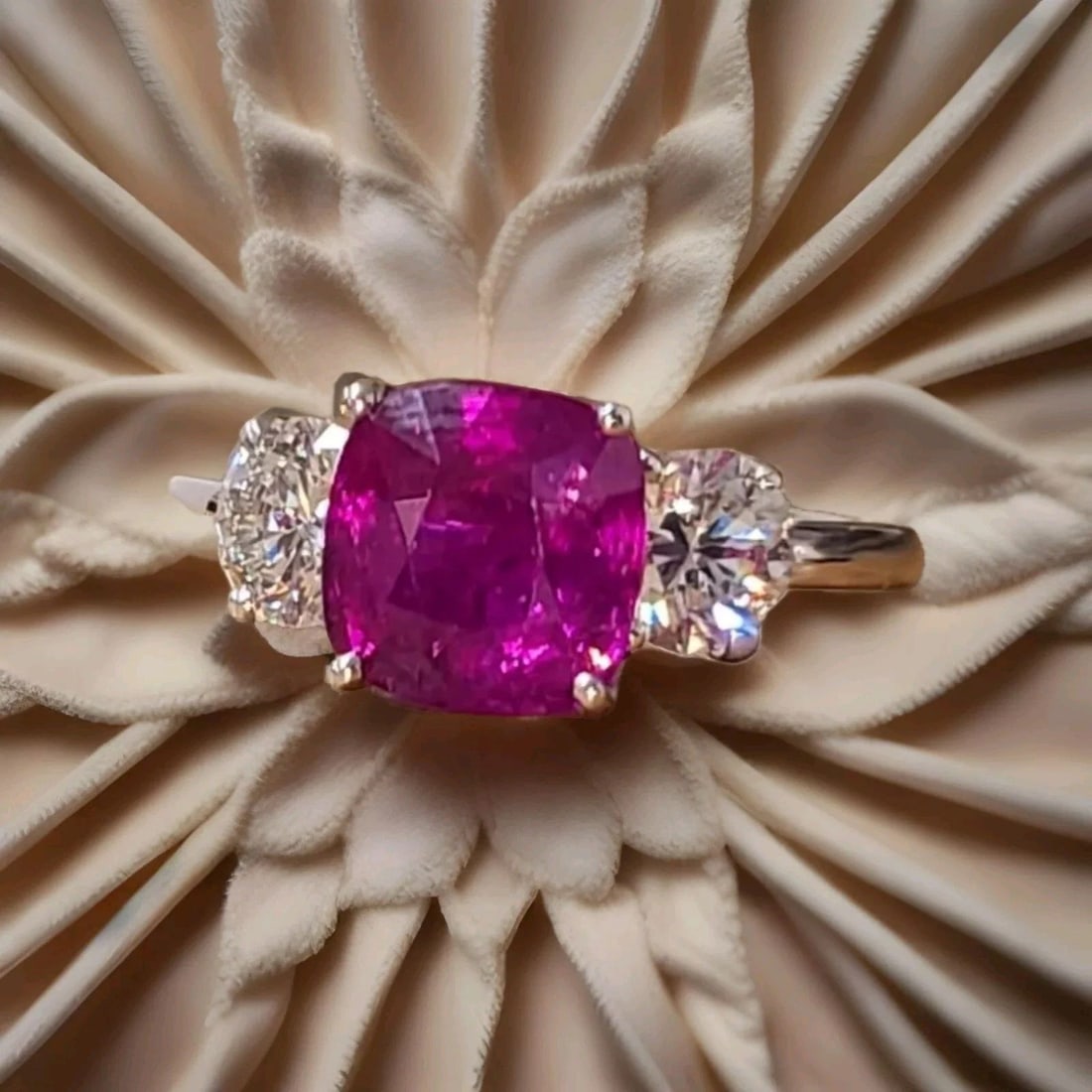 14k white gold engagement ring natural cushion pink sapphire 3.12ct GIA cert: 14K WHITE GOLD ENGAGEMENT RING NATURAL CUSHION PINK SAPPHIRE 3.12CT GIA CERT Gorgeous 14k white gold natural untreated pink sapphire engagement three-stone ring. center set natural pink sapphire cushi