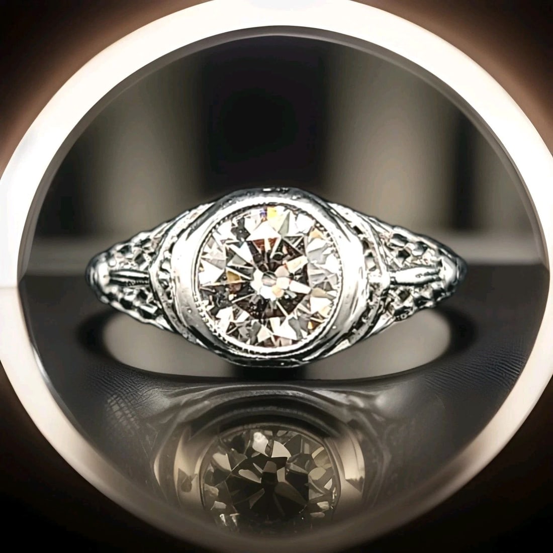 18k White Gold Vintage Filigree Engagement Ring 1.02ct.Natural Euro Cut Diamond: 18K WHITE GOLD VINTAGE FILIGREE ENGAGEMENT RING 1.02CT.NATURAL EURO CUT DIAMOND Gorgeous 18k white gold Engagement ring filigree art deco natural euro cut Diamond circ 1930's center set natural euro c