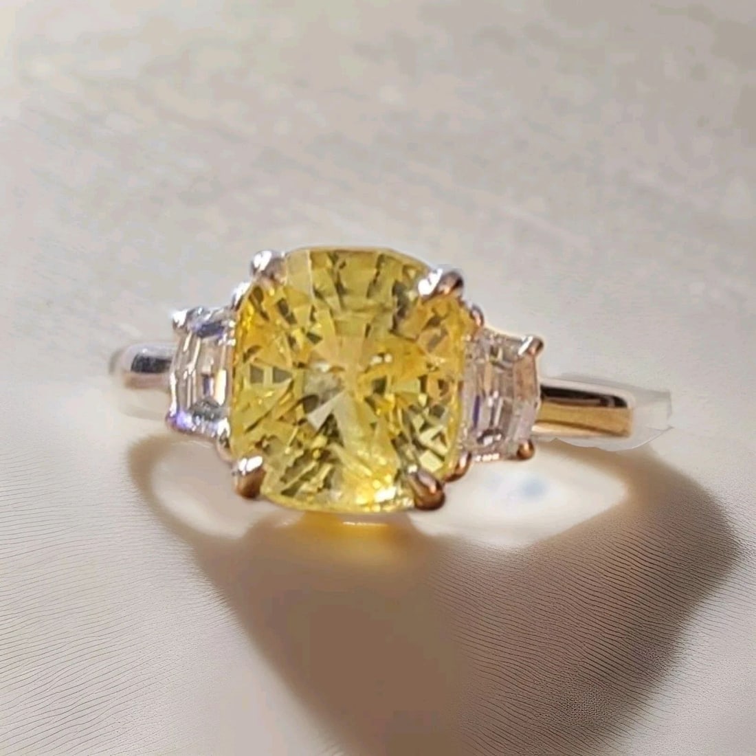 Vintage 14k White Gold Engagement Ring 5.19ct.Natural Yellow Cushion Sapphire: Here is an outstanding natural yellow sapphire engagement ring, the beautiful three-stone yellow sapphire design gives this ring amazing appeal this is the perfect engagement ring for anyone looking f