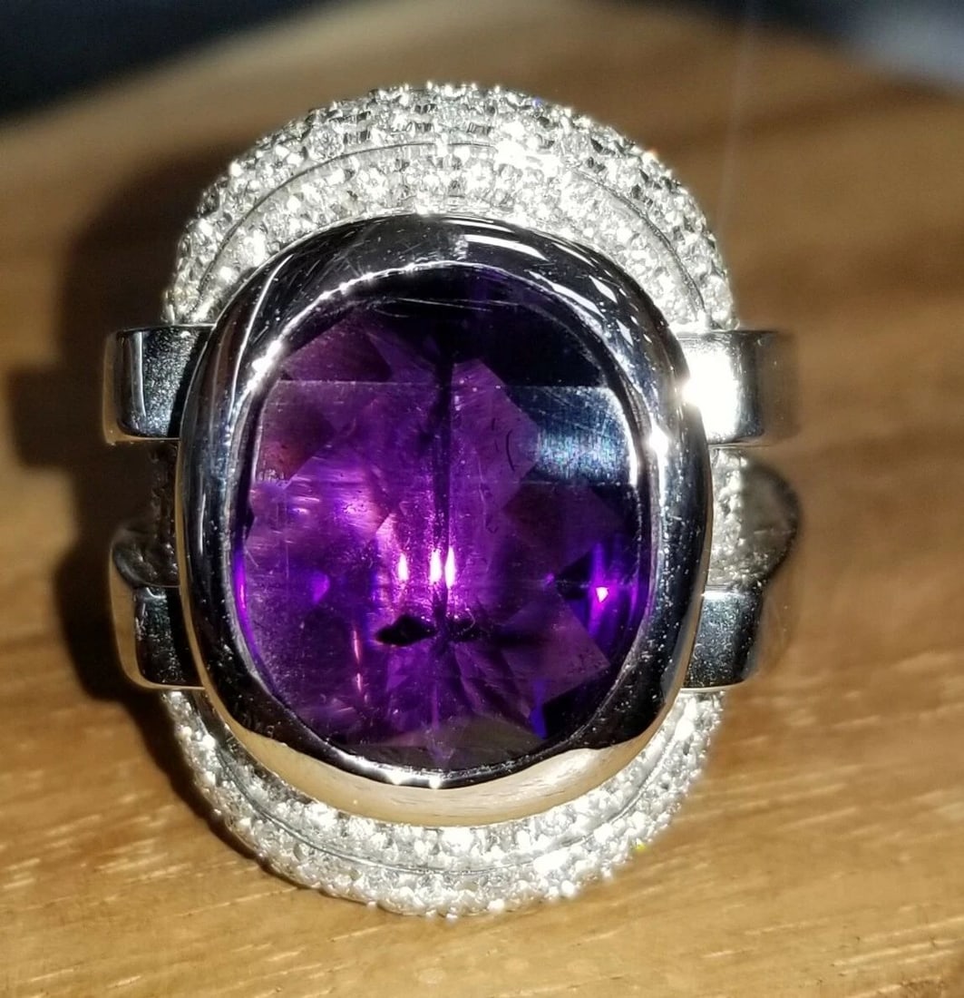 Recarlo Italia design 18k white gold natural amethyst ring 12.05ct: RECARLO ITALIA DESIGN 18K WHITE GOLD NATURAL AMETHYST RING 12.05CT GORGEOUS Recarlo Italian design 18k WHITE GOLD natural amethyst ring center cushion rose cut natural amethyst weight 12.05ct size 15x