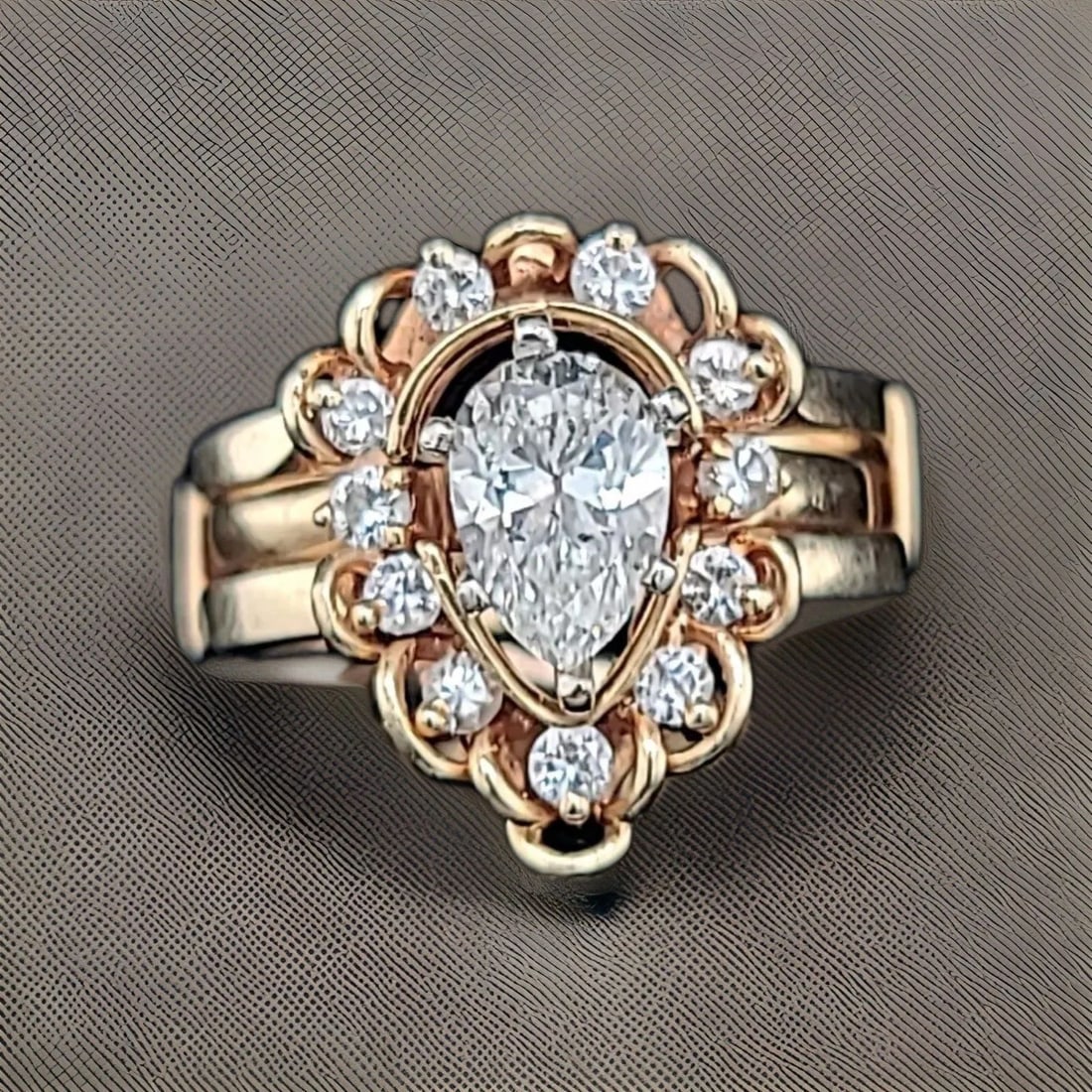 Vintage 14k Yellow Gold Engagement Ring 1.02ct. Natural Euro Cut Pear Diamond: VINTAGE 14K YELLOW GOLD ENGAGEMENT RING 1.02CT. NATURAL EURO CUT PEAR DIAMOND Stunning Vintage natural pear shape euro cut Diamond 14k yellow gold engagement ring circ 1950's center set natural euro c