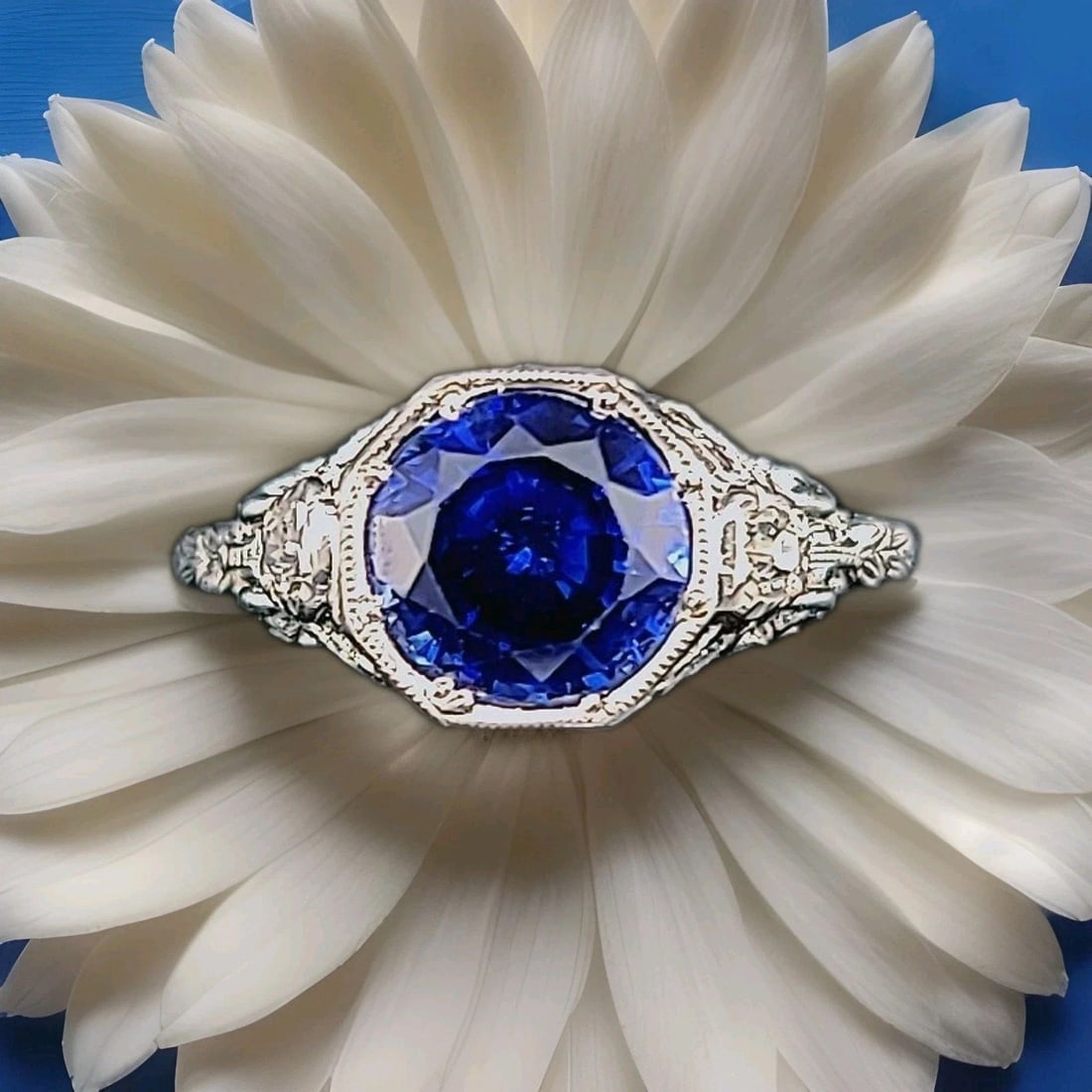 Platinum Vintage Art Deco Engagement Ring 2.35ct. Gem blue sapphire Round Shape: PLATINUM VINTAGE ART DECO ENGAGEMENT RING 2.35CT. GEM BLUE SAPPHIRE ROUND SHAPE Stunning Gorgeous PLATINUM Vintage Art Deco engagement natural blue sapphire ring center natural diffused blue sapphire 