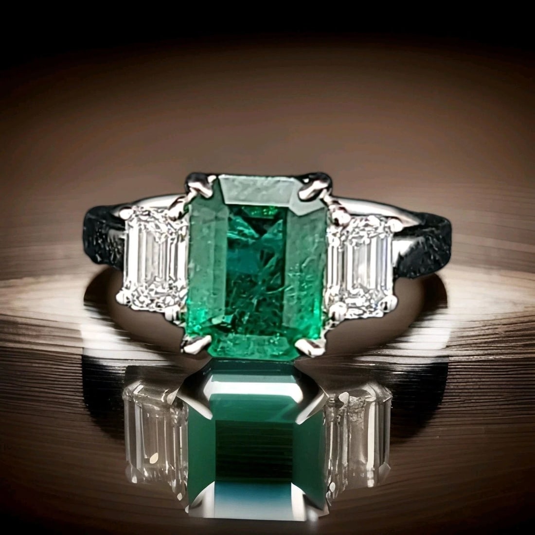 Vintage 14K White Gold Engagement Three Stone Ring 1.87CT.Natural Green Emerald: VINTAGE 14K WHITE GOLD ENGAGEMENT THREE STONE RING 1.87CT.NATURAL GREEN EMERALD GORGEOUS Vintage 14K WHITE GOLD gem natural emerald in emerald shape. center natural emerald weight 1.87ct. size 9x6.6mm
