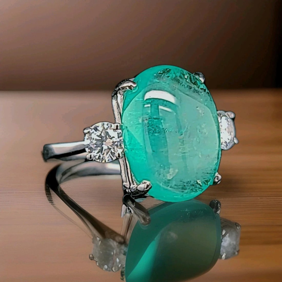 Vintage Platinum Engagement Ring 8.16CT.Natural Colombia Green Emerald Cabochon: VINTAGE 14K WHITE GOLD ENGAGEMENT RING 8.16CT. NATURAL COLOMBIA GREEN EMERALD GORGEOUS Vintage 14K WHITE GOLD natural green Colombia emerald in cabochon shape center weight 8.16ct. size 15.2x11.2mm ve
