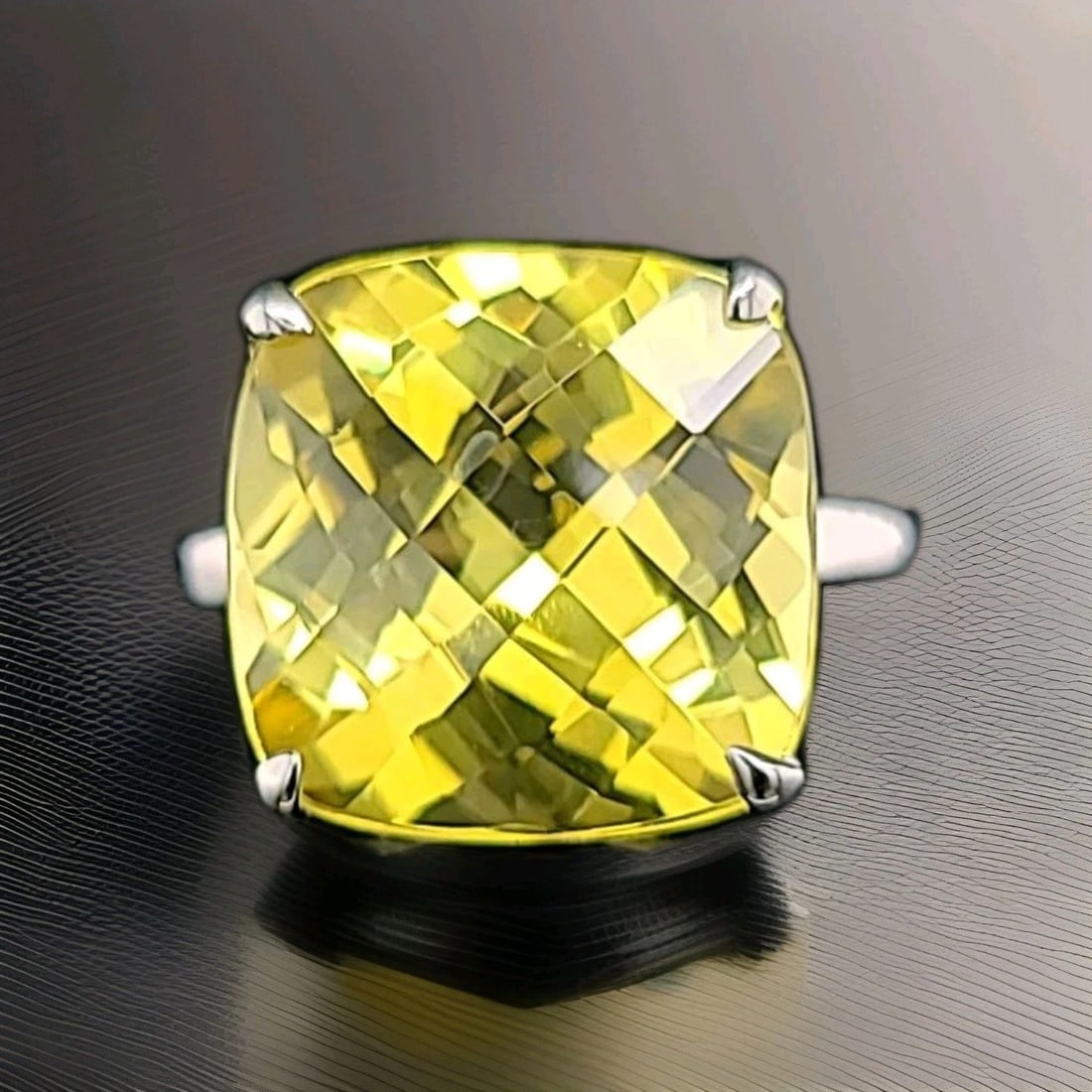 11.48ct. Tiffany & Co 18K White Gold Ring Yellow Sapphire Cushion Shape: 11.48CT. TIFFANY & CO 18K WHITE GOLD RING YELLOW SAPPHIRE CUSHION SHAPE Tiffany & Co 11.48carat gem lab grown yellow sapphire set in 18k white gold ring cushion shape 13x13 weight 11.48ct. Gorgeous ye