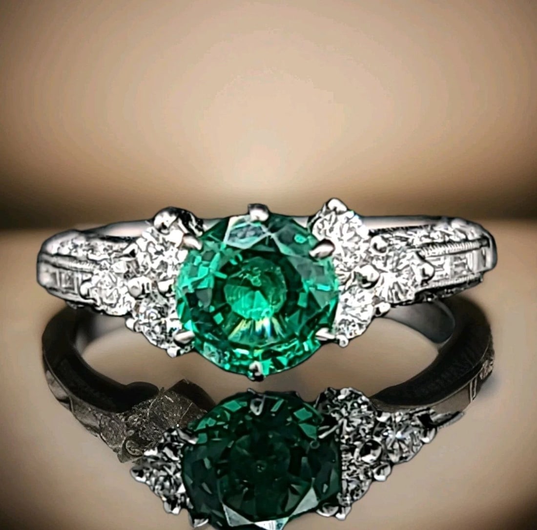 14K White Gold Engagement Ring – 0.95ct. Natural Round Green Emerald, GIA Cert: 14K WHITE GOLD ENGAGEMENT RING 0.95CT.NATURAL GREEN ROUND EMERALD GIA CERT Gorgeous 14K WHITE GOLD ring Gem GREEN emerald. Center set Gem natural green emerald in round shape weight 0.95ct. size 6mm v