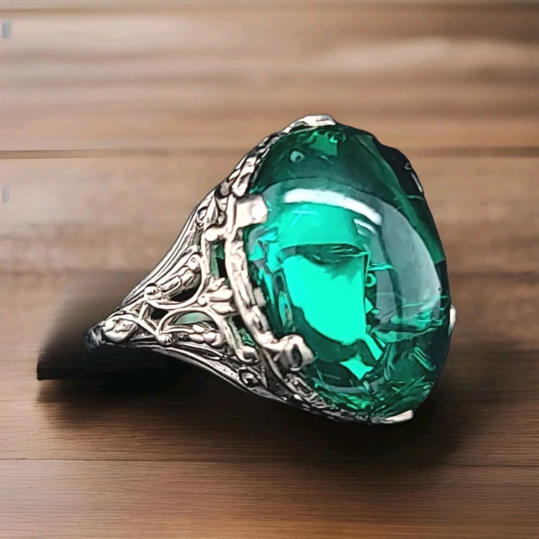 Vintage Filigree 14k White Gold Ring 14.02ct Cabochon Green Lab Grown Emerald: VINTAGE FILIGREE 14K WHITE GOLD RING CABOCHON GREEN EMERALD 14.02CT CIRC 1930'S Gorgeous vintage 14k white gold ring green cabochon oval emerald . Circ 1930's center lab flux growth emerald weight 14.