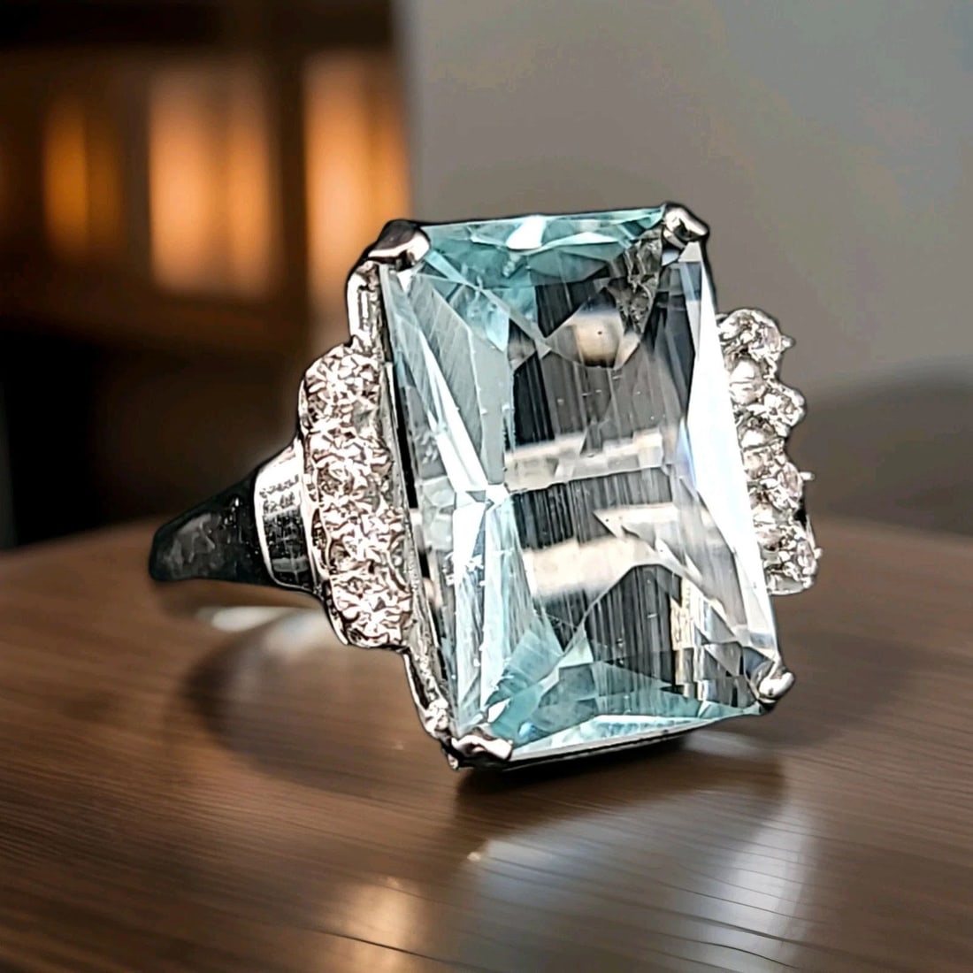 Vintage 14K White Gold Engagement 11.55CT. Natural Blue Aquamarine Rectangular (1 of 2)
