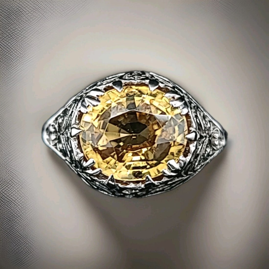 14k White Gold Vintage Filigree Engagement Ring 5.70ct. Gem Yellow Sapphire: 14K WHITE GOLD VINTAGE FILIGREE ENGAGEMENT RING 5.70CT. GEM YELLOW SAPPHIRE Gorgeous Vintage Art Deco OVAL CUT GEM yellow sapphire 14K white gold ring center natural heated yellow sapphire weight 5.70