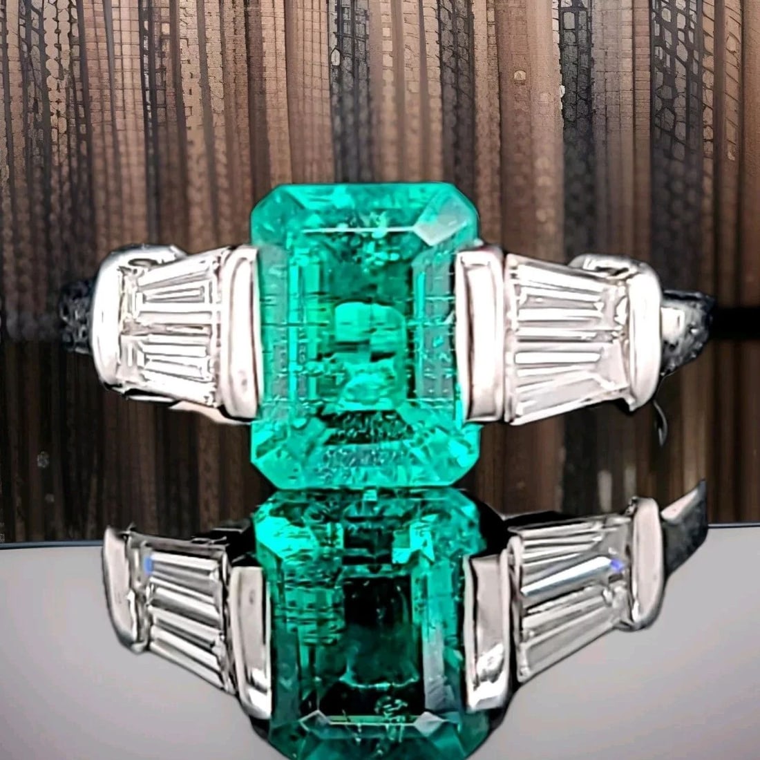 Vintage Platinum Engagement Ring 1.60CT.Lab Grown Green Emerald Rectangular Cut: VINTAGE PLATINUM ENGAGEMENT RING 1.60CT. GEM COLOMBIAN GREEN EMERALD This stunning vintage platinum ring features a 1.60CT lab grown Colombian green emerald as the main stone, surrounded by dazzling d