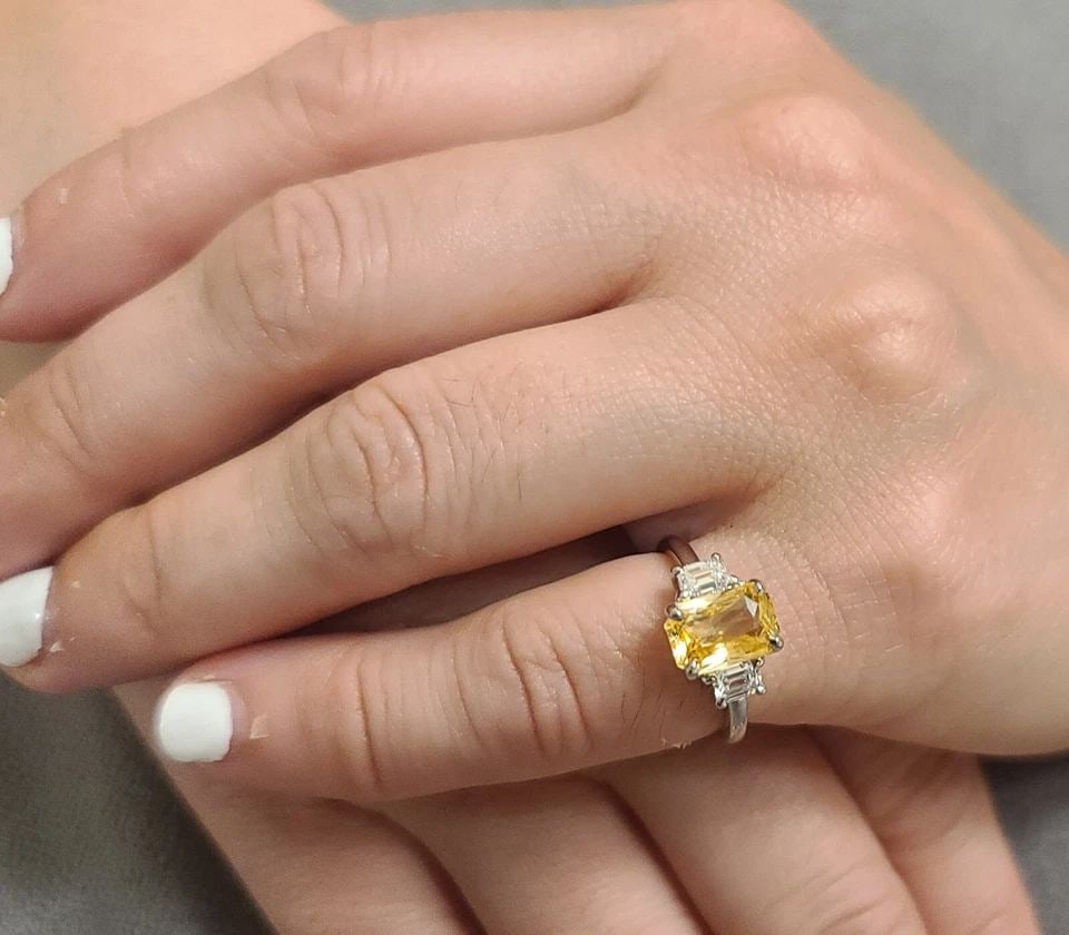 Vintage Platinum Engagement Ring 2.35ct.Natural Yellow Radiant Sapphire GIA cert: VINTAGE PLATINUM ENGAGEMENT RING 2.35CT.NATURAL YELLOW RADIANT SAPPHIRE GIA CERT Here is an outstanding natural yellow sapphire engagement ring, the beautiful three-stone yellow sapphire design gives 