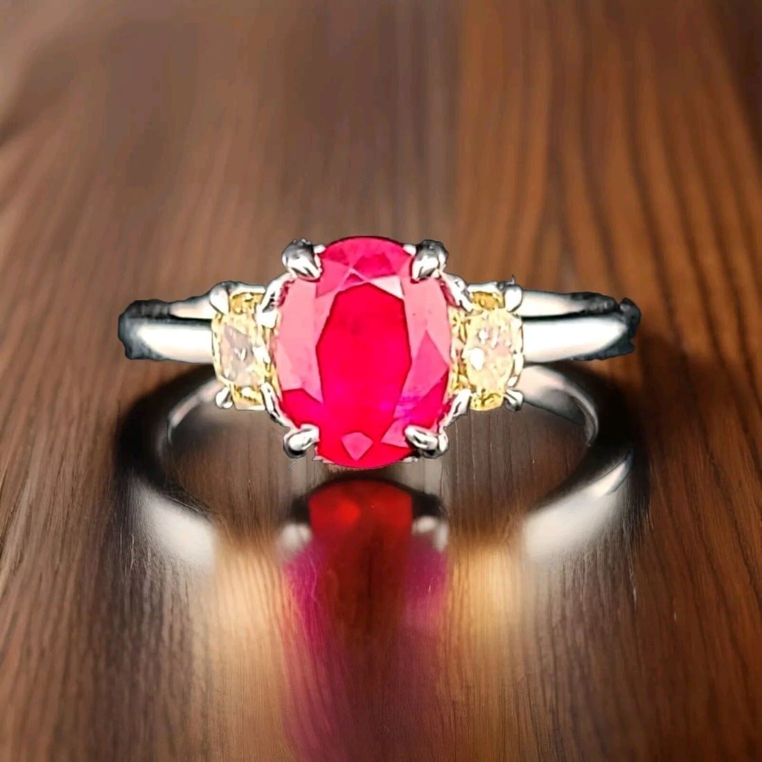 Vintage Platinum Engagement Ring 1.90CT. Natural Oval Ruby Yellow Diamond: VINTAGE PLATINUM ENGAGEMENT RING 1.90CT. NATURAL RUBY YELLOW DIAMOND OVAL SHAPE Gorgeous vintage platinum engagement ring set with magnificent natural ruby center natural oval shape ruby heated weight