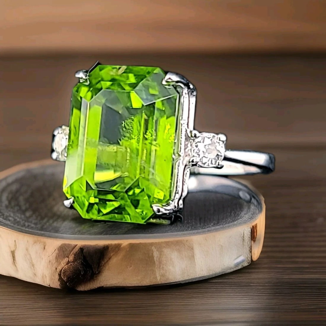 Vintage 14k White Gold Engagement Ring 11.44CT.Natural Green Peridot Emerald Cut (1 of 2)