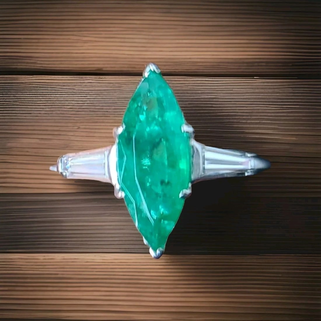 Vintage Platinum Engagement Ring 2.09CT. Gem Natural Green Emerald Marquise Cut: VINTAGE PLATINUM ENGAGEMENT RING 2.09CT. GEM NATURAL GREEN EMERALD MARQUISE CUT This exquisite vintage engagement ring boasts a stunning 2.09CT natural green emerald marquise cut in a prong setting. T