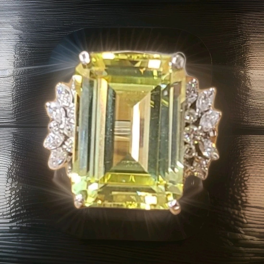 20.34 ct Rectangular Yellow Sapphire Vintage Platinum Ring with Diamond Accents: 20.34 ct Rectangular Yellow Sapphire Vintage Platinum Ring with Diamond Accents This exquisite vintage platinum ring from the 1930s showcases a magnificent lab-grown yellow sapphire in an elegant emer