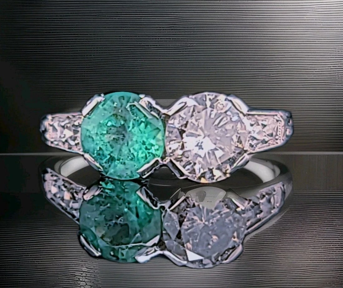 Vintage Filigree Platinum Ring 1.73ct. Natural Diamond Green Emerald Circ 1930's: VINTAGE FILIGREE PLATINUM RING 1.73CT. NATURAL DIAMOND GREEN EMERALD CIRC 1930'S This breathtaking vintage ring is masterfully crafted in luxurious platinum, showcasing a striking and timeless two-sto